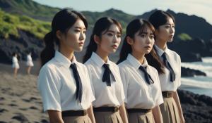 A group of adult Japanese girls in school uniforms with white blouses stand desperately close together with a stewardess on the beach of a lonely volcanic island.