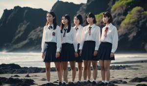 A group of adult Japanese girls in school uniforms with white blouses stand desperately close together with a stewardess on the beach of a lonely volcanic island.