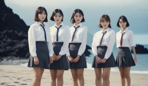 A group of adult Japanese girls in school uniforms with white blouses stand desperately close together with a stewardess on the beach of a lonely volcanic island.