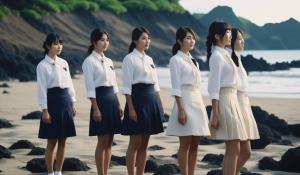 A group of adult Japanese girls in school uniforms with white blouses stand desperately close together with a stewardess on the beach of a lonely volcanic island.