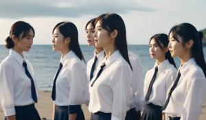 A group of adult Japanese girls in school uniforms with white blouses stand desperately close together with a stewardess on the beach of a lonely volcanic island.