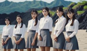 A group of adult Japanese girls in school uniforms with white blouses stand desperately close together with a stewardess on the beach of a lonely volcanic island.