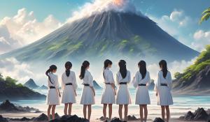 A group of adult Japanese girls in school uniforms with white blouses stand desperately close together with a stewardess on the beach of a lonely volcanic island.