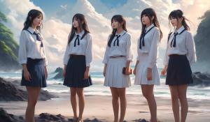 A group of adult Japanese girls in school uniforms with white blouses stand desperately close together with a stewardess on the beach of a lonely volcanic island.