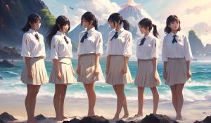 A group of adult Japanese girls in school uniforms with white blouses stand desperately close together with a stewardess on the beach of a lonely volcanic island.