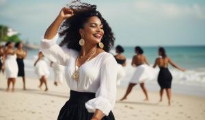 curvy Black secretary with long black corkscrew locks, white romantic blouse and flamenco skirt and large round earrings and several necklaces dances on the Brazilian beach Samba