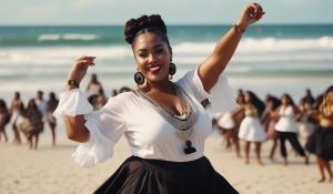 curvy Black secretary with long black corkscrew locks, white romantic blouse and flamenco skirt and large round earrings and several necklaces dances on the Brazilian beach Samba