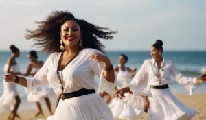 curvy Black secretary with long black corkscrew locks, white romantic blouse and flamenco skirt and large round earrings and several necklaces dances on the Brazilian beach Samba