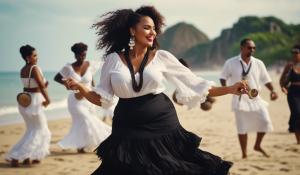 curvy Black secretary with long black corkscrew locks, white romantic blouse and flamenco skirt and large round earrings and several necklaces dances on the Brazilian beach Samba