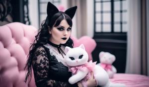 Curvy sweet Gothic Lolita in romantic black, white and pink Gothic clothing with lots of lace, white silk and lace blouse, cat ears and a cute stuffed animal in her arms.