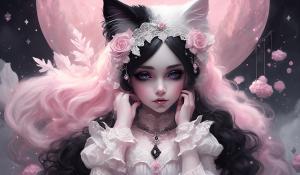 Curvy sweet Gothic Lolita in romantic black, white and pink Gothic clothing with lots of lace, white silk and lace blouse, cat ears and a cute stuffed animal in her arms.