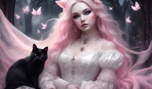 Curvy sweet Gothic Lolita in romantic black, white and pink Gothic clothing with lots of lace, white silk and lace blouse, cat ears and a cute stuffed animal in her arms.