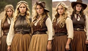 1866 in the Western World: Four young, curvy women are looking for a new home together in the American West. First, there is the cowgirl with a long, wide country skirt, long, wavy, blonde hair, tight sleeveless dresses, and a Winchester 66 rifle. She wears a wide leather belt with a revolver and knife. On her head, she has a cowboy hat. She wears a pearl necklace around her neck. Second, there is a young Native American woman. The third is a runaway slave, an African-American woman with long, black hair, and last, there is a saloon girl with a corset and nostalgic riding underwear with lots of lace.