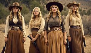 1866 in the Western World: Four young, curvy women are looking for a new home together in the American West. First, there is the cowgirl with a long, wide country skirt, long, wavy, blonde hair, tight sleeveless dresses, and a Winchester 66 rifle. She wears a wide leather belt with a revolver and knife. On her head, she has a cowboy hat. She wears a pearl necklace around her neck. Second, there is a young Native American woman. The third is a runaway slave, an African-American woman with long, black hair, and last, there is a saloon girl with a corset and nostalgic riding underwear with lots of lace.