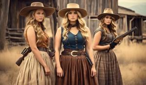 1866 in the Western World: Four young, curvy women are looking for a new home together in the American West. First, there is the cowgirl with a long, wide country skirt, long, wavy, blonde hair, tight sleeveless dresses, and a Winchester 66 rifle. She wears a wide leather belt with a revolver and knife. On her head, she has a cowboy hat. She wears a pearl necklace around her neck. Second, there is a young Native American woman. The third is a runaway slave, an African-American woman with long, black hair, and last, there is a saloon girl with a corset and nostalgic riding underwear with lots of lace.