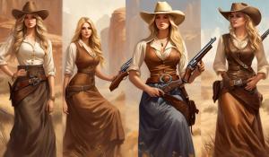 1866 in the Western World: Four young, curvy women are looking for a new home together in the American West. First, there is the cowgirl with a long, wide country skirt, long, wavy, blonde hair, tight sleeveless dresses, and a Winchester 66 rifle. She wears a wide leather belt with a revolver and knife. On her head, she has a cowboy hat. She wears a pearl necklace around her neck. Second, there is a young Native American woman. The third is a runaway slave, an African-American woman with long, black hair, and last, there is a saloon girl with a corset and nostalgic riding underwear with lots of lace.