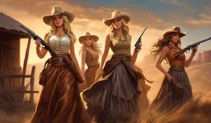 1866 in the Western World: Four young, curvy women are looking for a new home together in the American West. First, there is the cowgirl with a long, wide country skirt, long, wavy, blonde hair, tight sleeveless dresses, and a Winchester 66 rifle. She wears a wide leather belt with a revolver and knife. On her head, she has a cowboy hat. She wears a pearl necklace around her neck. Second, there is a young Native American woman. The third is a runaway slave, an African-American woman with long, black hair, and last, there is a saloon girl with a corset and nostalgic riding underwear with lots of lace.