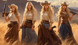 1866 in the Western World: Four young, curvy women are looking for a new home together in the American West. First, there is the cowgirl with a long, wide country skirt, long, wavy, blonde hair, tight sleeveless dresses, and a Winchester 66 rifle. She wears a wide leather belt with a revolver and knife. On her head, she has a cowboy hat. She wears a pearl necklace around her neck. Second, there is a young Native American woman. The third is a runaway slave, an African-American woman with long, black hair, and last, there is a saloon girl with a corset and nostalgic riding underwear with lots of lace.