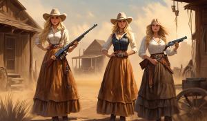 1866 in the Western World: Four young, curvy women are looking for a new home together in the American West. First, there is the cowgirl with a long, wide country skirt, long, wavy, blonde hair, tight sleeveless dresses, and a Winchester 66 rifle. She wears a wide leather belt with a revolver and knife. On her head, she has a cowboy hat. She wears a pearl necklace around her neck. Second, there is a young Native American woman. The third is a runaway slave, an African-American woman with long, black hair, and last, there is a saloon girl with a corset and nostalgic riding underwear with lots of lace.