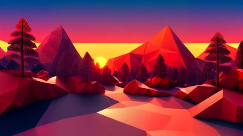 low-poly polygonal geometric abstract red mountains in the sunset with river and trees