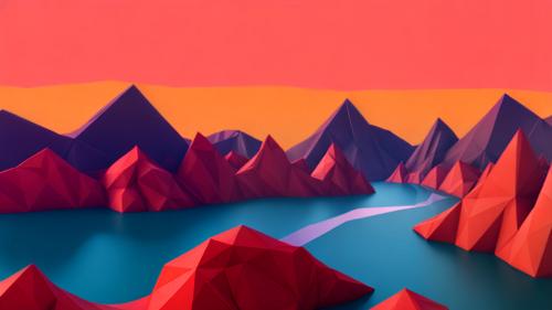 low-poly polygonal geometric abstract red mountains in the sunset with river and trees