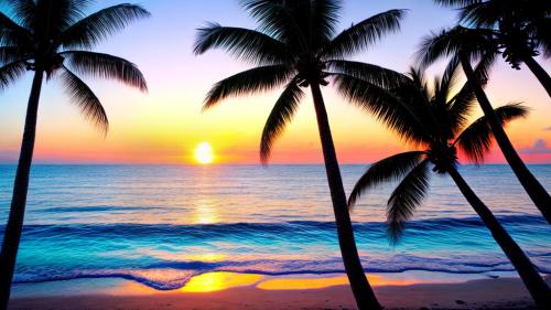 Palm trees, ocean and sunset.