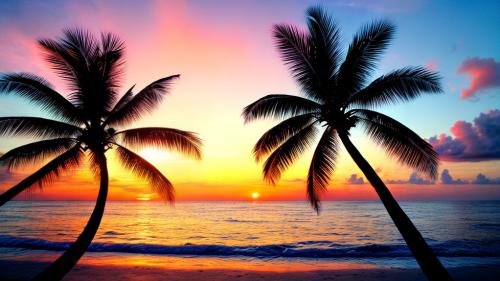 Palm trees, ocean and sunset.