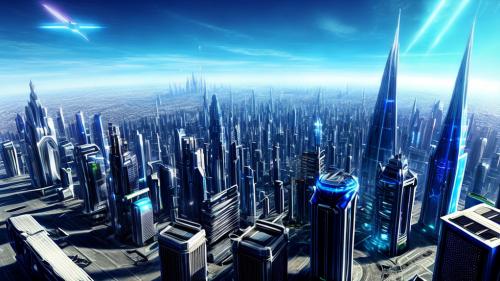 futuristic city daytime blue sky sci-fi