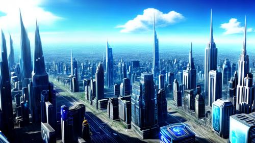 futuristic city daytime blue sky sci-fi