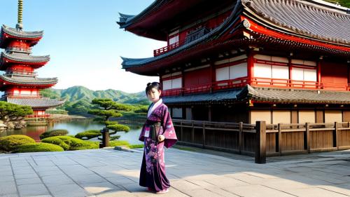 Warrior Japanese Girl in Kimono in front of a pagoda - Oriental art