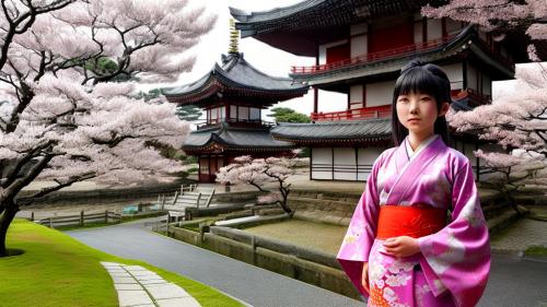 Warrior Japanese Girl in Kimono in front of a pagoda - Oriental art