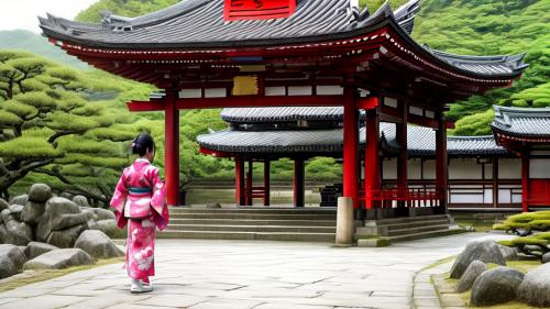 Warrior Japanese Girl in Kimono in front of a pagoda - Oriental art