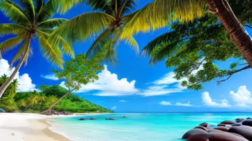 Summer Beach in Seychelles with palms and white sand