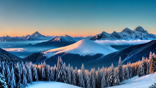 Snowy mountain peaks and pine forest