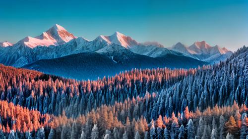 Snowy mountain peaks and pine forest