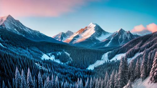 Snowy mountain peaks and pine forest