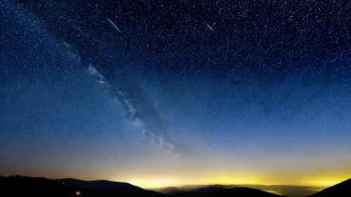 Minimal night landscape starry sky, crescent, hills