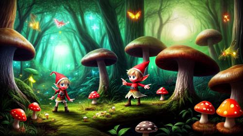 Cute elf in a magical forest with glwoing mushrooms and fireflies fantasy art