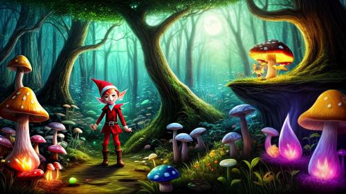 Cute elf in a magical forest with glwoing mushrooms and fireflies fantasy art