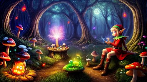 Cute elf in a magical forest with glwoing mushrooms and fireflies fantasy art