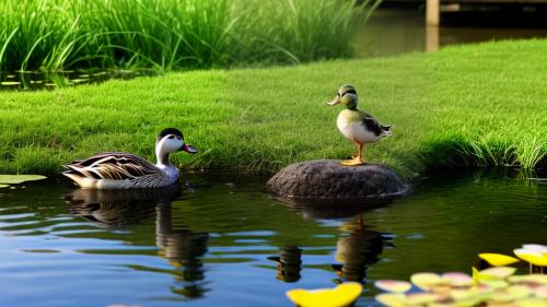 Little duck near a beautiful pond.