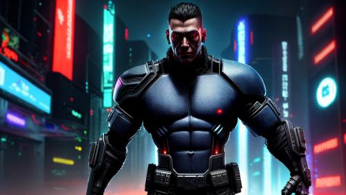 muscular cyberpunk guy hyperrealistic, full body, detailed clothing, highly detailed, cinematic lighting