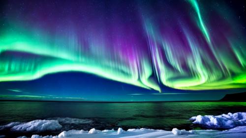 Northern lights, night sky, icy ocean