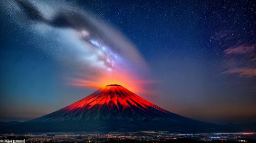 Mount Fuji night eruption