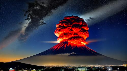 Mount Fuji night eruption