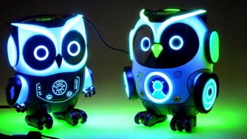 cute robotic owl glow,neon ,dark , pretty,very cute,8k