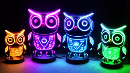 cute robotic owl glow,neon ,dark , pretty,very cute,8k