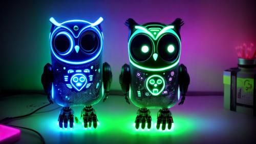 cute robotic owl glow,neon ,dark , pretty,very cute,8k