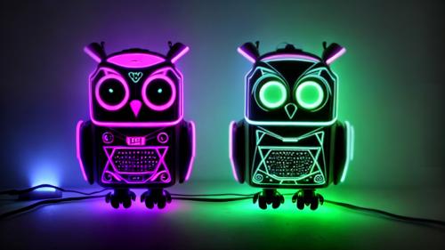 cute robotic owl glow,neon ,dark , pretty,very cute,8k