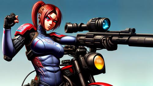 Tattooed cyborg sniper girl with a motorbike